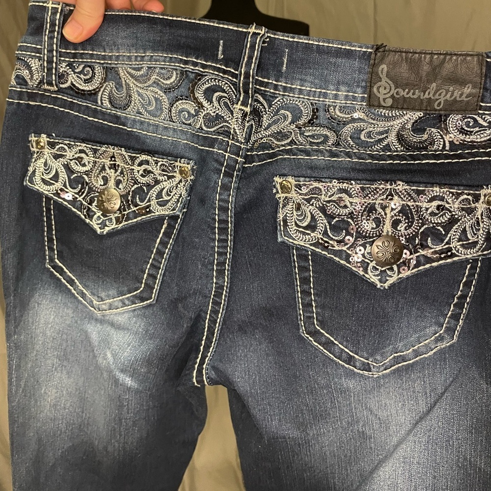 Soundgirl Vintage Y2K Dark Blue Boot Cut Jeans with Embroidered Sequin Pockets - Picture 6 of 13